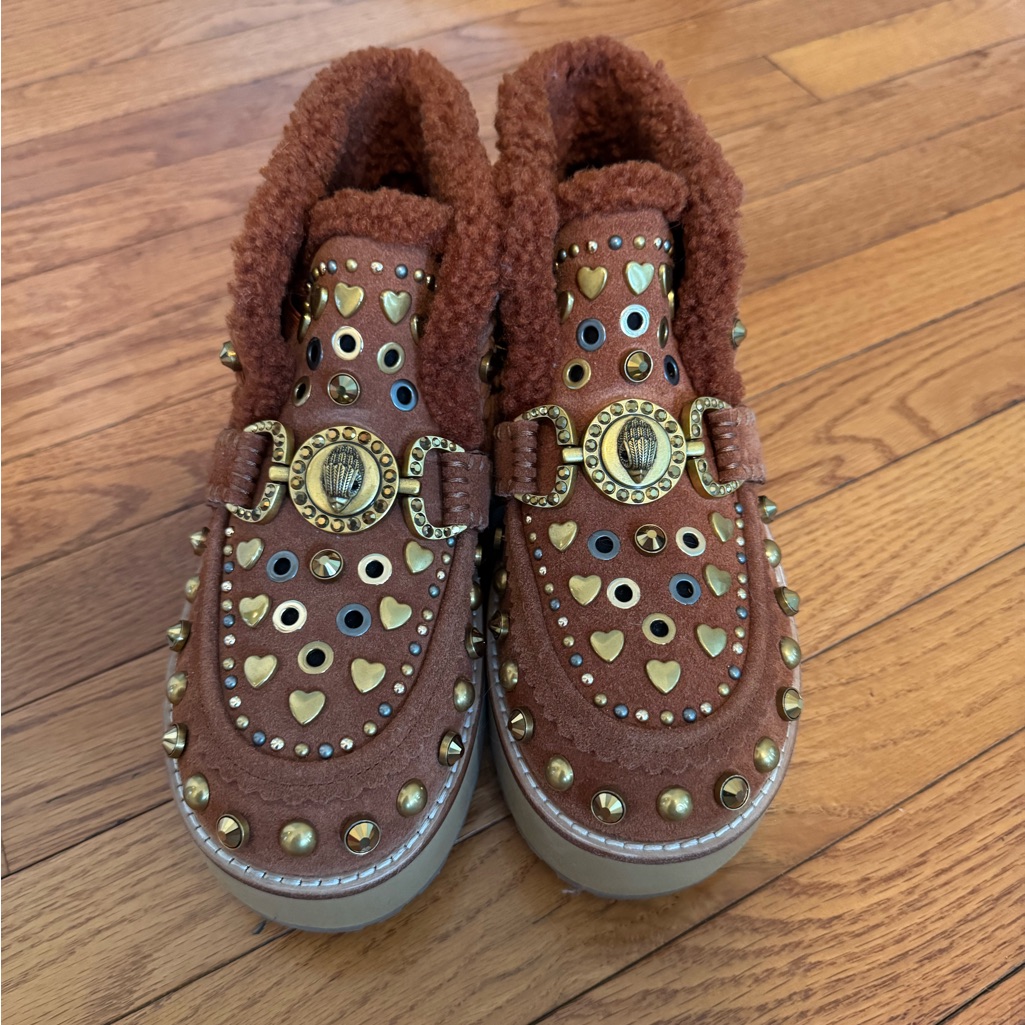 Kurt Geiger Brown Suede Studded Heart-Embellished Ankle Loafers With Shearling